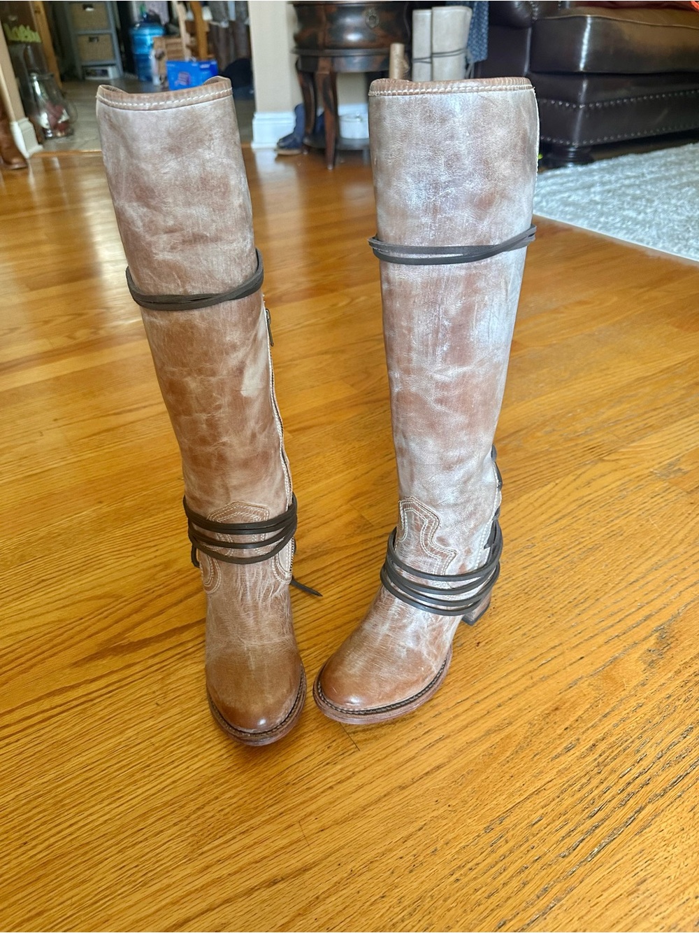 Freebird Distressed TaupeCoal, Lace-Up Tall Leather Boots with Strap Wraps